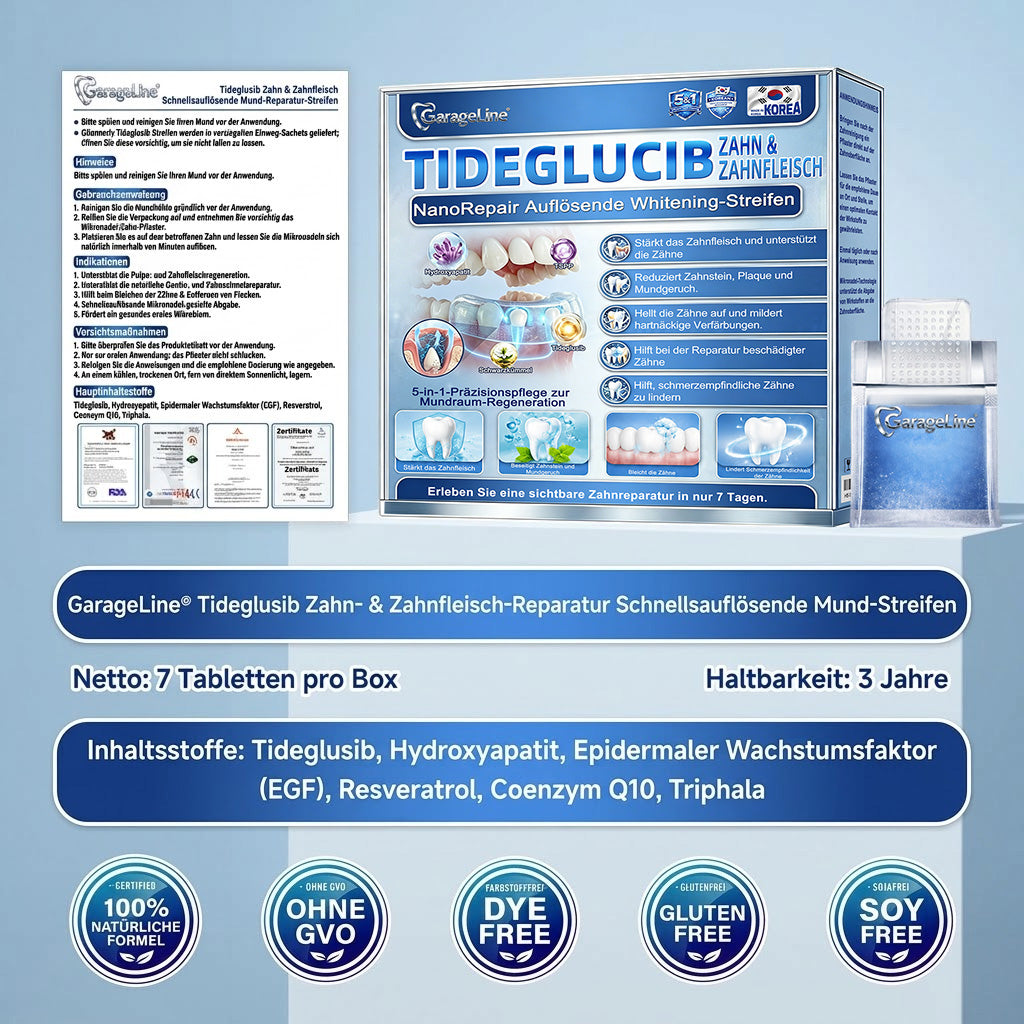 GarageLine®🦷 Tideglusib Zahn- & Zahnfleisch-NanoRepair Auflösende Whitening-Streifen ✨ (Unterstützt die Zahnreparatur und hilft, Zahnfleischbeschwerden sowie andere häufige Mundprobleme zu lindern)